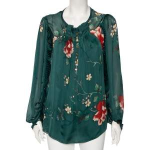 Pre Owned Roberto Cavalli Dark Green Floral Printed Chiffon Pleated Detail Blouse L