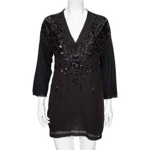 Pre Owned توب روبرتو كافالي رقبة حرف في حرير مزخرف أسود مقاس متوسط