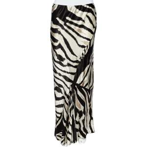 Pre Owned Roberto Cavalli Brown Animal Printed Silk Satin Asymmetric Hem Maxi Skirt M