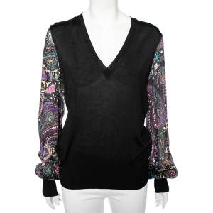 مملوكة مسبقًا Roberto Cavalli Black Knit & Silk Inset V-Neck Top L