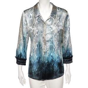 Pre Owned Roberto Cavalli Blue Animal Printed Silk Satin Shirt L 