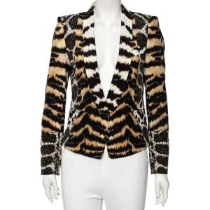 Pre Owned Roberto Cavalli Multicolored Animal & Snake Skin Print Silk Blazer M 
