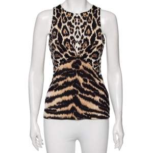 مملوكة مسبقًا Roberto Cavalli Animal Print Jersey Gathered Detail Sleeveless Top M 