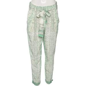 Pre Owned Roberto Cavalli Light Green Printed Silk Belted Trousers S
