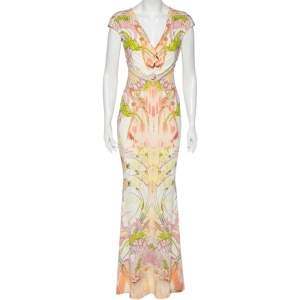 Roberto Cavalli Multicolored Printed Jersey Ruched Detail Maxi Dress M