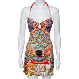 Roberto Cavalli Multicolored Printed Silk & Jersey Halter Neck Top, Shirt & Mini Skirt Set S