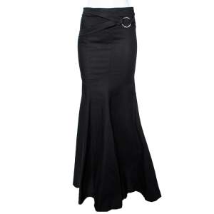 Pre Owned Roberto Cavalli Black Denim Belt Detailed Flared Maxi Skirt S