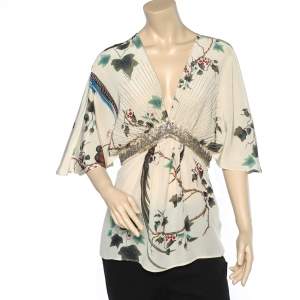Pre Owned Roberto Cavalli Cream Printed Silk Embellished Kaftan Top L