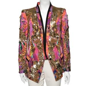 Pre Owned Roberto Cavalli Multicolor Embellished Printed Silk Blazer M