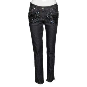 Pre Owned Roberto Cavalli Blue Denim Sequin Embellished Pants M