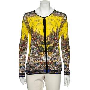 Pre Owned Roberto Cavalli Yellow Printed Silk Knit Button Front Cardigan M