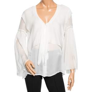 Pre Owned Roberto Cavalli White Silk Ruffle Front Bell Sleeve Top M