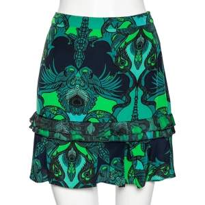 Pre Owned Roberto Cavalli Blue & Green Animal Print Ruffled Mini Skirt M