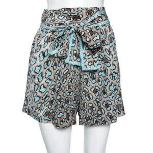 Roberto Cavalli Brown & Blue Animal Print Silk Faux Wrap Shorts M