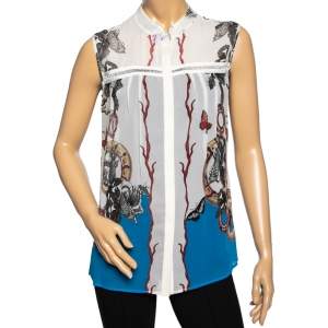 Roberto Cavalli White and Blue Printed Silk Sleeveless Button Front Top M