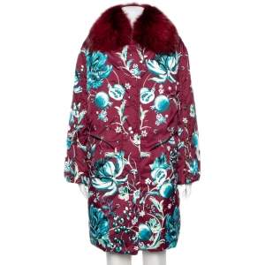 Roberto Cavalli Wine Red Floral Printed Synthetic Fur Collar Trim Coat M
