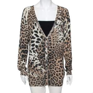Pre Owned Roberto Cavalli Brown Leopard Printed Silk Button Front Sweater M