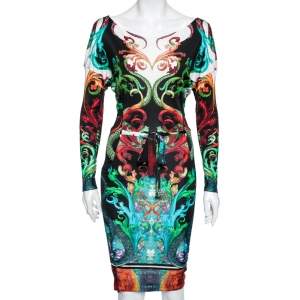 Pre Owned Roberto Cavalli Multicolor Printed Jersey Belted Midi Dress M