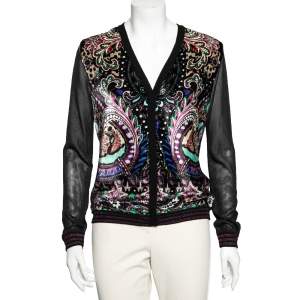 Pre Owned Roberto Cavalli Black Printed Velour & Knit Button Front Cardigan M