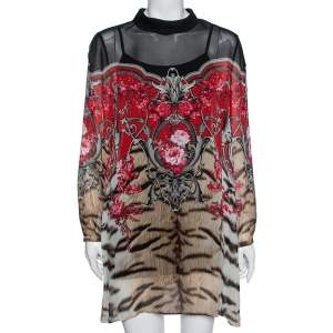 Pre Owned Roberto Cavalli Brown Animal and Floral Printed Silk Blouse M