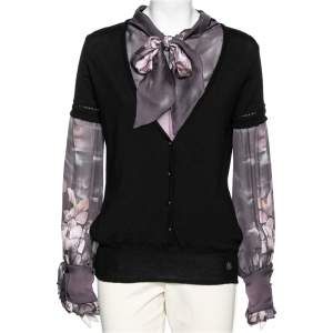 Pre Owned Roberto Cavalli Black Wool & Printed Silk Shirt Inset Neck Tie Detail Cardigan M