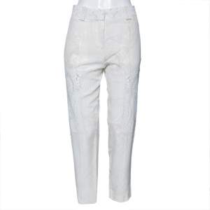 Pre Owned Roberto Cavalli Off White Printed Silk Patched Tapered Trousers M