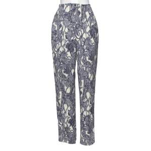 Pre Owned Roberto Cavalli Cream Printed Crepe High Waist Trousers S