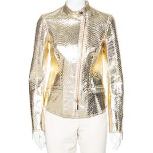 Pre Owned Roberto Cavalli Gold Snakeskin Leather Zip Front Jacket M 