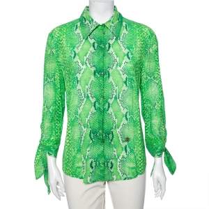 Pre Owned Roberto Cavalli Green Snake Print Stretch Silk Shirt M