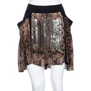 Pre Owned Roberto Cavalli Brown Printed Silk & Leather Detailed Pleated Skirt M