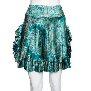 Pre Owned Roberto Cavalli Green Printed Silk Ruffle Trimmed Skirt M