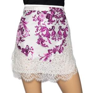 Pre Owned Roberto Cavalli White Printed Silk & Embroidered Paneled Mini Skirt M