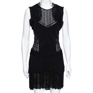 Pre Owned Roberto Cavalli Black Eyelet Knit & Silk Inset Ruffled Dress M 