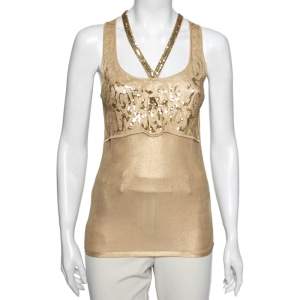 Roberto Cavalli Gold Knit Sequin Embellished Sleeveless Top M 