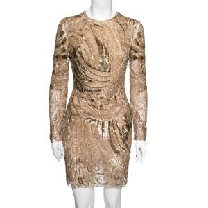 Pre Owned Roberto Cavalli Gold Embellished Tulle Long Sleeve Dress M 
