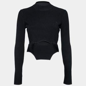 Pre Owned Roberto Cavalli Black Knit Cut Out Button Detailed Crew Neck Top M