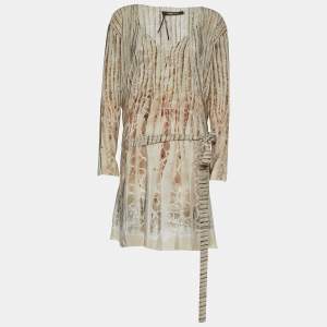 Pre Owned Roberto Cavalli Grey Sequin Print Tie-Up Tunic Dress M