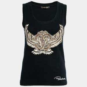 Roberto Cavalli Black Stretch Cotton Printed Tank Top L