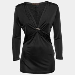Pre Owned Roberto Cavalli Black Jersey Ruched Detailed Top M