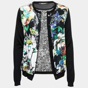 Roberto Cavalli Black Printed Silk Inset & Knit Long Sleeve Cardigan S
