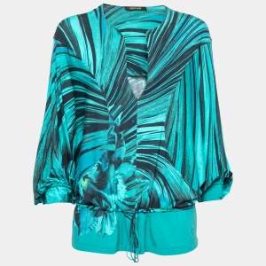 Pre Owned Roberto Cavalli Green Printed Jersey Drawstring Waist Detail Top M