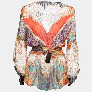مملوكة مسبقًا Roberto Cavalli Multicolor Printed Silk Smocked Belted Waist Blouse M