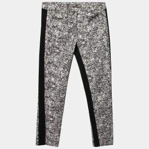 Pre Owned Roberto Cavalli Monochrome Printed Cotton Knit Trimmed Slim Fit Jeans M Waist 31"