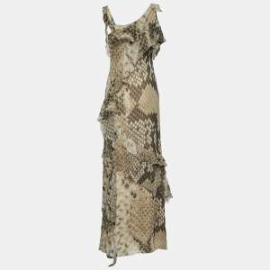 Pre Owned Roberto Cavalli Beige Snakeskin Print Silk Asymmetric Maxi Dress M