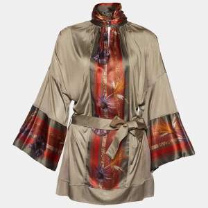 Class by Roberto Cavalli Grey Stretch Knit Printed Panel Belted Tunic Top L