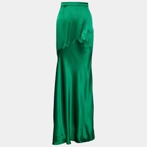 Pre Owned Roberto Cavalli Green Silk Satin Flared Maxi Skirt L