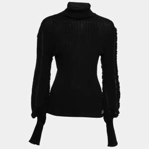 Pre Owned Roberto Cavalli Black Rib Knit Wool Silk Trimmed Turtle Neck Sweater L