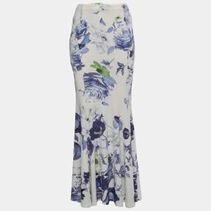 Pre Owned Roberto Cavalli White Floral Print Stretch-Jersey Maxi Skirt L