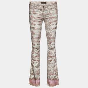 Pre Owned Roberto Cavalli White Animal Printed Denim Flared Leg Jeans S