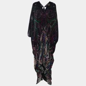 Pre Owned Roberto Cavalli Black Printed Silk Kaftan Maxi Dress S